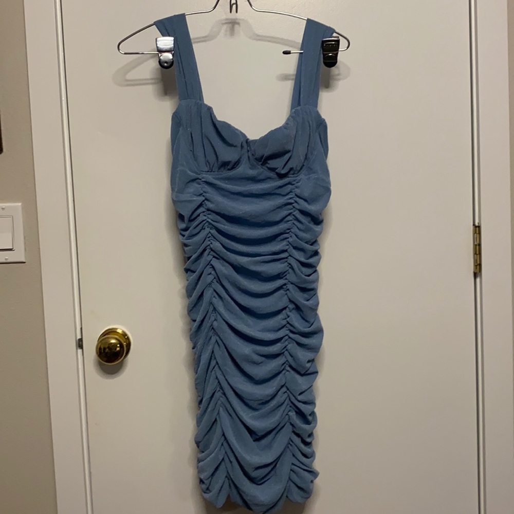 Blue glitter ruched dress